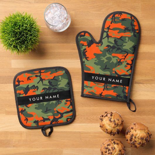 Orange Camouflage Pattern, Your name, Personalize Ovenwant & Pannenlap Set (Top down)