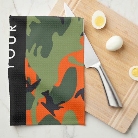 Orange Camouflage Pattern, Your name, Personalize Theedoek (Quarter Fold)