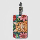 Orange Cat Folk Art Flowers Bagagelabel (Voorkant (verticaal))