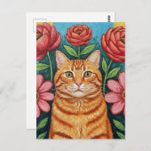 Orange Cat Folk Art Flowers Briefkaart (Voorkant / Achterkant)