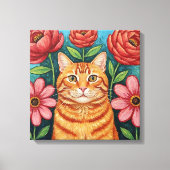 Orange Cat Folk Art Flowers Canvas Afdruk (Voorkant)