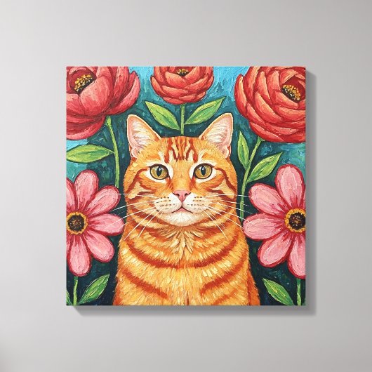 Orange Cat Folk Art Flowers Canvas Afdruk (Voorkant)