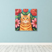 Orange Cat Folk Art Flowers Canvas Afdruk (Insitu (Houten vloer))