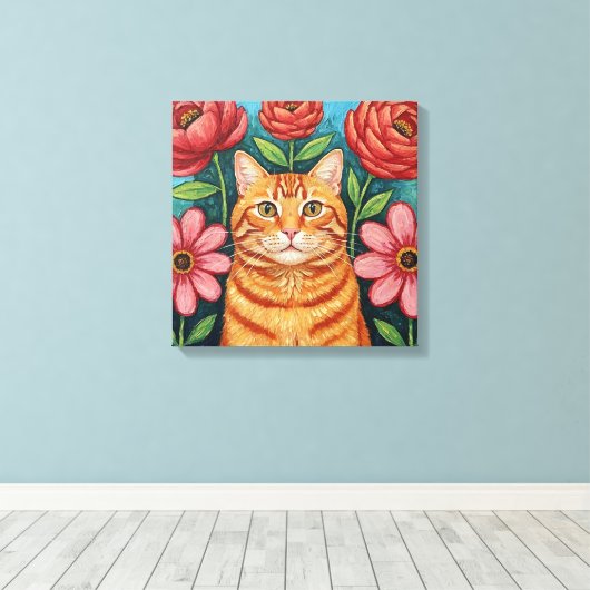 Orange Cat Folk Art Flowers Canvas Afdruk (Insitu (Houten vloer))