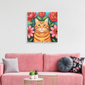 Orange Cat Folk Art Flowers Canvas Afdruk (Insitu (Woonkamer))