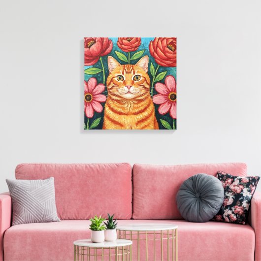 Orange Cat Folk Art Flowers Canvas Afdruk (Insitu (Woonkamer))