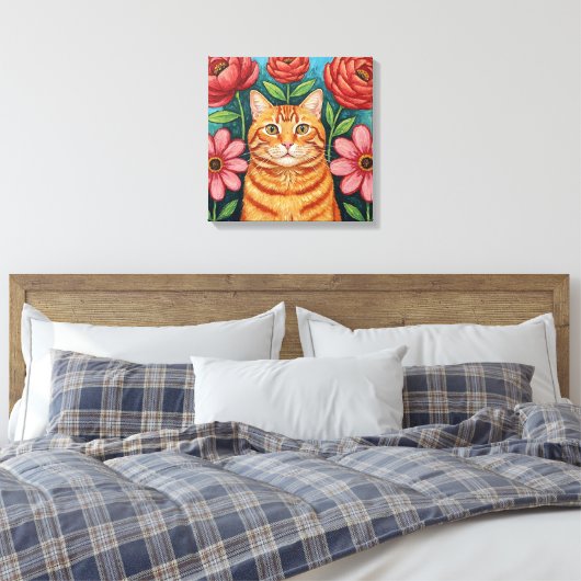 Orange Cat Folk Art Flowers Canvas Afdruk (Insitu (Slaapkamer))