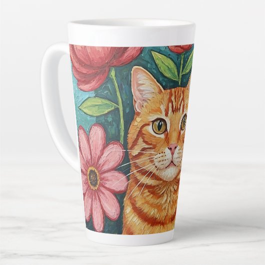 Orange Cat Folk Art Flowers Latte Mok (Linkerhoek)