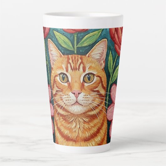 Orange Cat Folk Art Flowers Latte Mok (Voorkant)