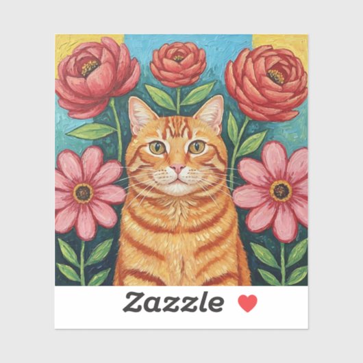 Orange Cat Folk Art Flowers Sticker (Vel)