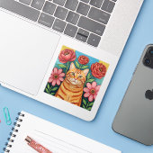 Orange Cat Folk Art Flowers Sticker (Laptop met iPhone)