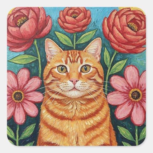 Orange Cat Folk Art Flowers Vierkante Sticker (Voorkant)