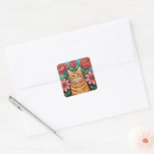 Orange Cat Folk Art Flowers Vierkante Sticker (Envelop)