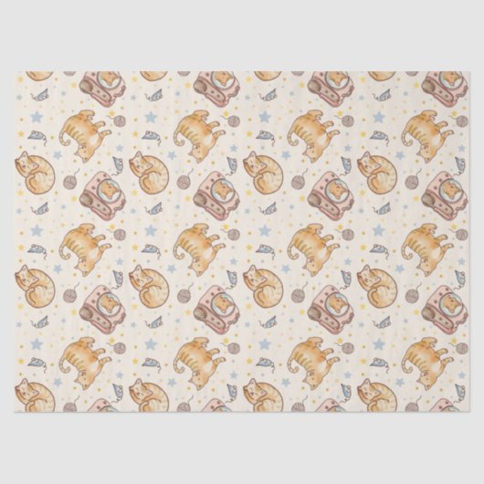 Orange Cat in a Backpack, Stars, and Yarn Tissuepapier (Voorkant)