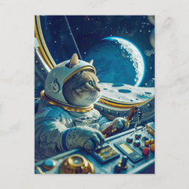 Orange cat in cockpit with planets outside feestdagenkaart