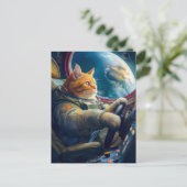 Orange cat piloting spacecraft in orbit feestdagenkaart (Staand voorkant)