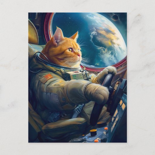 Orange cat piloting spacecraft in orbit feestdagenkaart (Voorkant)