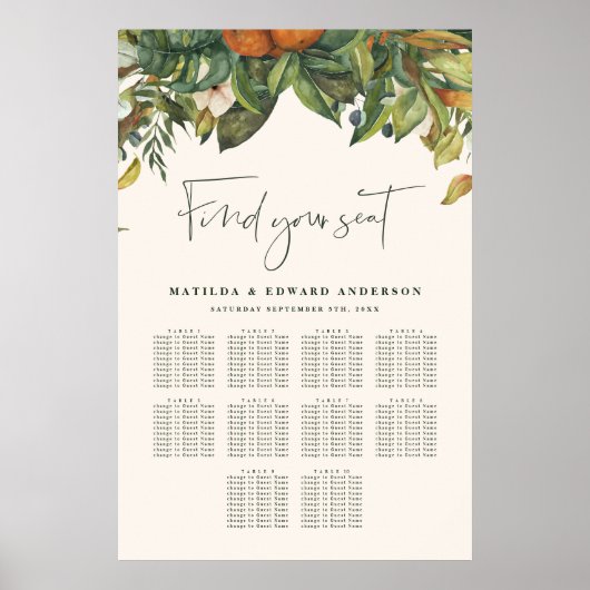 Orange citrus botanica floral wedding seating plan poster (Voorkant)