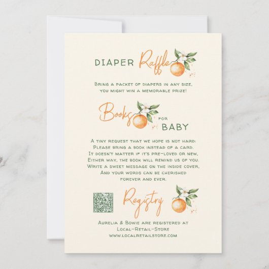 Orange Citrus Little Cutie All In One Baby Shower Kaart (Achterkant)