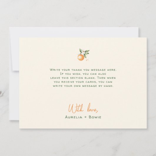 Orange Citrus Little Cutie Baby Shower Flat Bedankkaart (Achterkant)