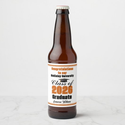 Orange Class of 2026 Graduation Party Custom Bier Etiket (Voorkant)