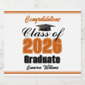 Orange Class of 2026 Graduation Party Custom Sparkling Wijnetiket (Enkel label)