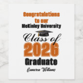 Orange Class of 2026 Graduation Party Custom Wijn Etiket (Enkel label)