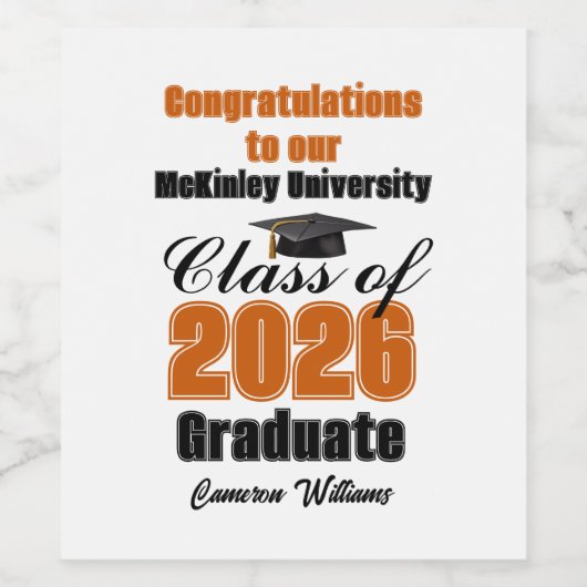 Orange Class of 2026 Graduation Party Custom Wijn Etiket (Enkel label)