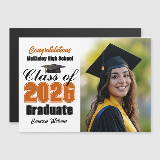 Orange Class of 2026 Graduation Photo Magnet Card (Voorkant / Achterkant)