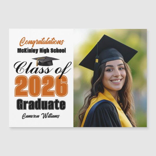 Orange Class of 2026 Graduation Photo Magnet Card (Voorkant)