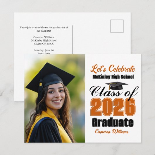 Orange Class of 2026 Photo Graduation Party Uitnodiging Briefkaart (Voorkant / Achterkant)