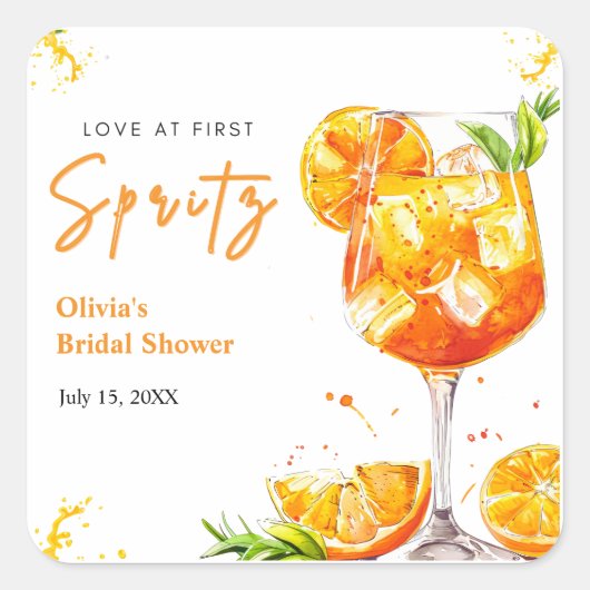 Orange Cocktail Love at First Spritz Bridal Shower Vierkante Sticker (Voorkant)