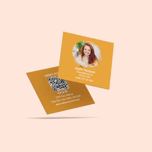 Orange Connect with Me Photo QR Code  Vierkante Visitekaartje
