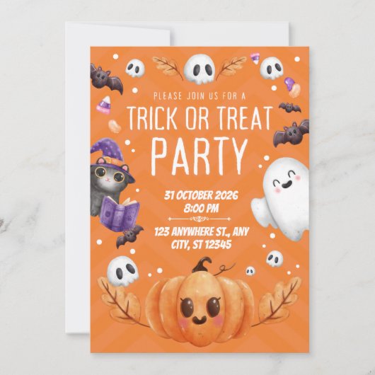 Orange Cute Halloween Trick or Treat Party  Kaart (Voorkant)
