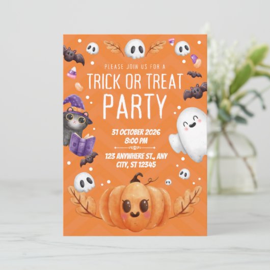 Orange Cute Halloween Trick or Treat Party  Kaart (Staand voorkant)