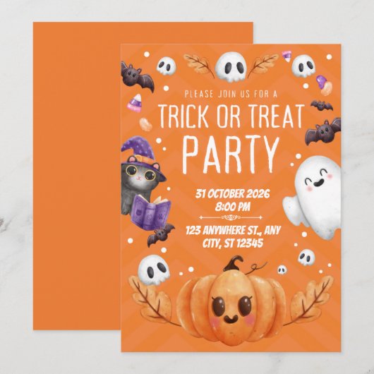 Orange Cute Halloween Trick or Treat Party  Kaart (Voorkant / Achterkant)