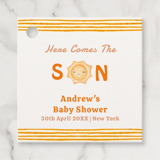 Orange Cute Here Comes The Son Baby Shower Bedankjes Labels (Voorkant)