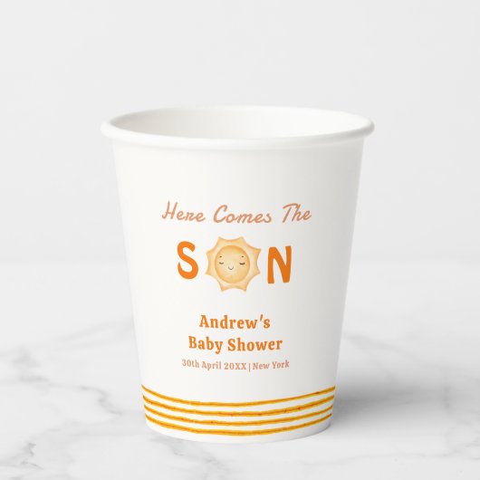 Orange Cute Here Comes The Son Baby Shower Papieren Bekers (Voorkant)