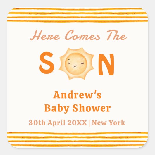 Orange Cute Here Comes The Son Baby Shower Vierkante Sticker (Voorkant)