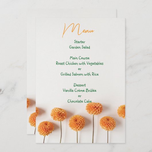 Orange Dahlia Wedding Menu - Warm Floral Elegance (Voorkant / Achterkant)