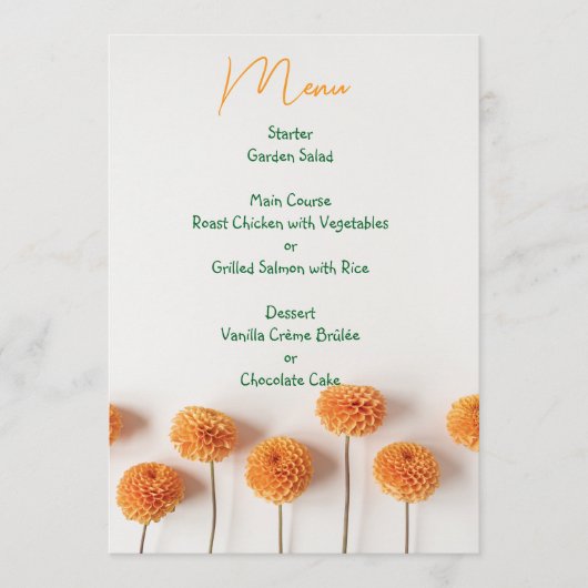 Orange Dahlia Wedding Menu - Warm Floral Elegance (Voorkant)