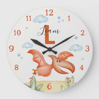 Orange Dinosaur Nursery Wall Clock Personalized Grote Klok