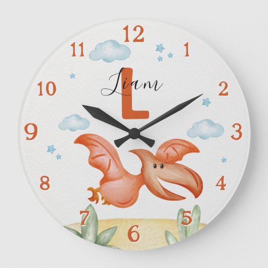 Orange Dinosaur Nursery Wall Clock Personalized Grote Klok (Voorkant)