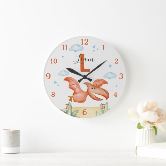 Orange Dinosaur Nursery Wall Clock Personalized Grote Klok (Huis)