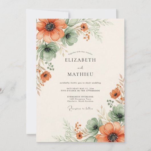 Orange Ethereal Floral Wedding Kaart (Voorkant)
