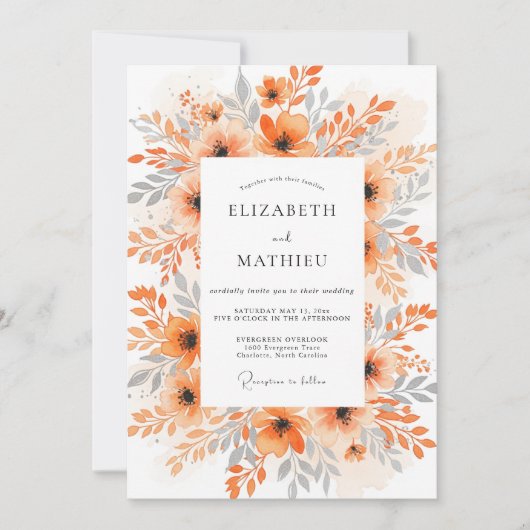 Orange Exquisite Watercolor Wedding Kaart (Voorkant)