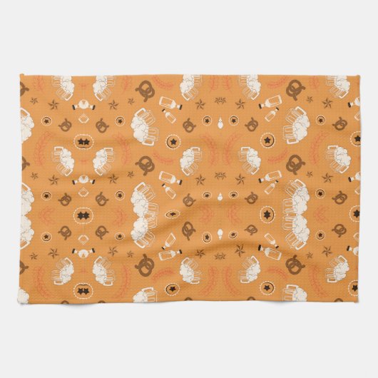 Orange fabric pattern with white sheep theedoek (Horizontaal)