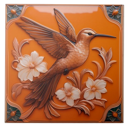 Orange faux relief Art Nouveau Hummingbird R Tegeltje (Voorkant)