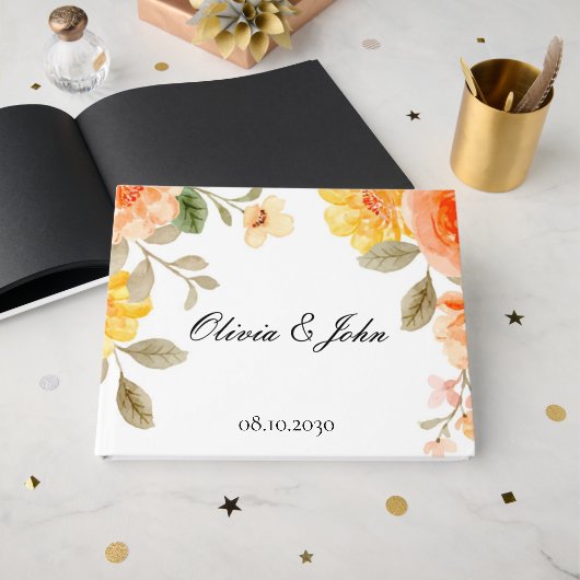 ORANGE FLORAL BOTANICAL BRIDAL SHOWER WEDDING GASTENBOEK (Voorkant open)