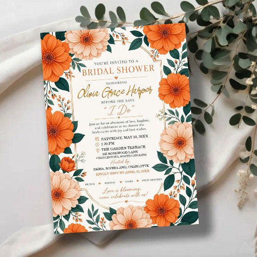 Orange Floral Bride To Be Party Invite Kaart